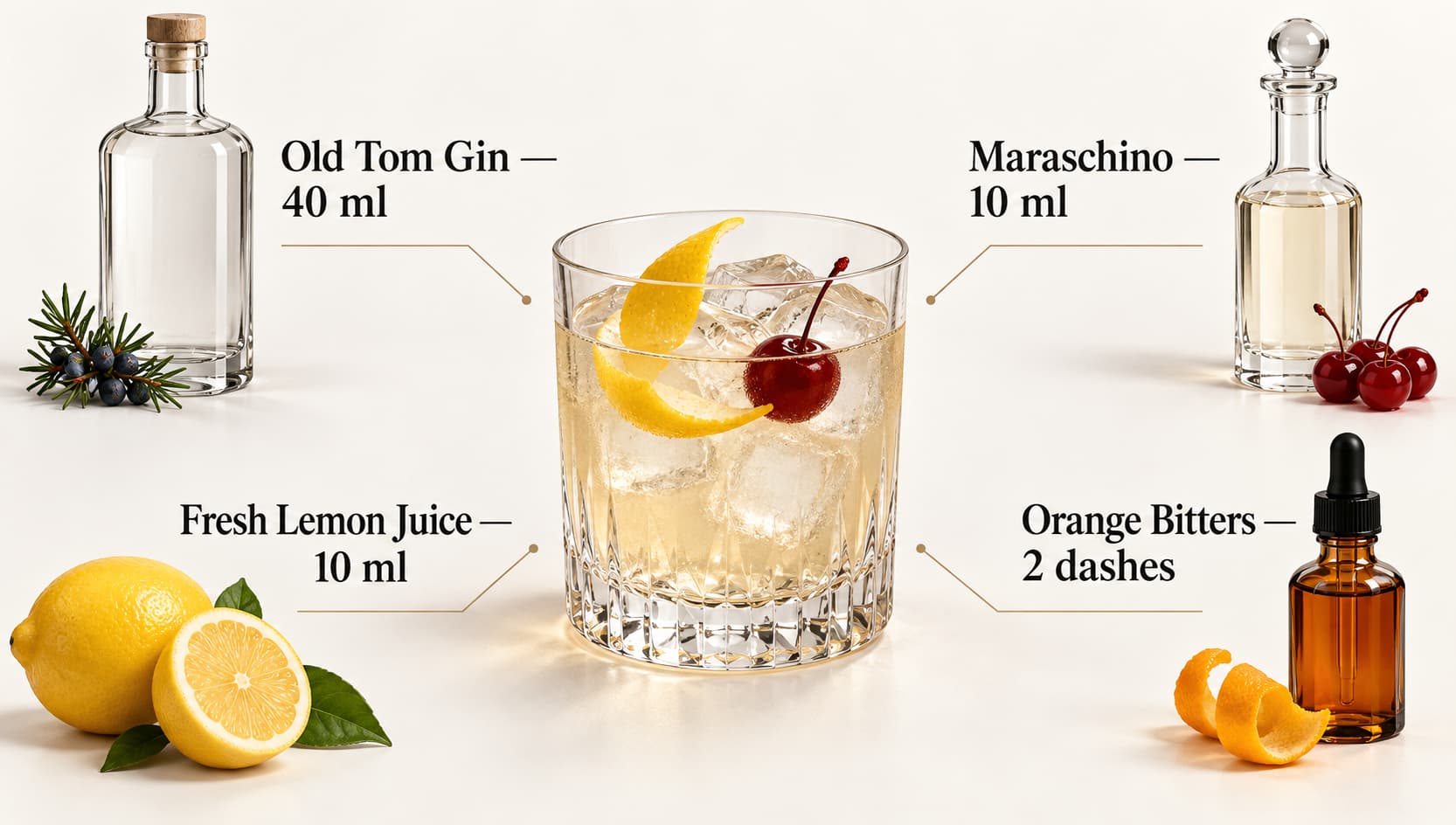 Состав коктейля Casino: Old Tom Gin, Maraschino, лимон и orange bitters