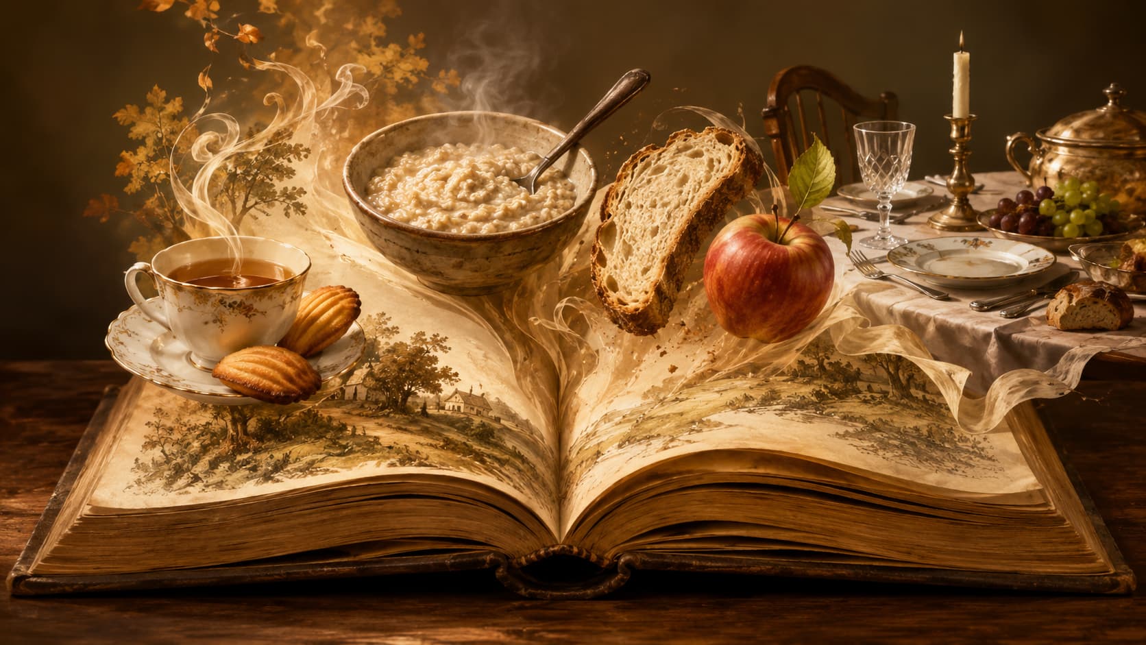 Открытая книга и блюда, связанные с образами еды в литературе